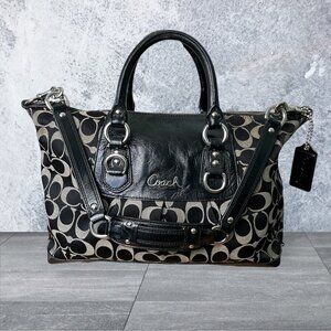 Coach Ashley Signature C Logo Black Leather & Canvas Satchel Handbag